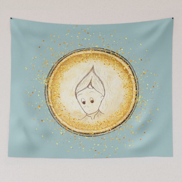 Item preview, Cute Elf Gold Circle Pendant on Sage Blue designed and sold by HiddenPuppets.