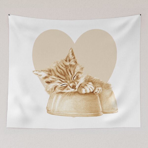 Item preview, Kitten sleeping in a bowl, on a heart background - brown colorized version designed and sold by SylvieG18.