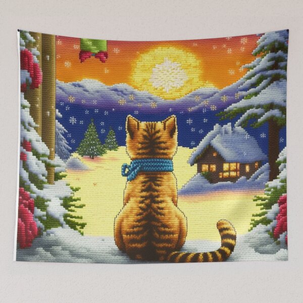 Item preview, Cat looking at sunset, embroidery, meow lovers, Art deco house - designed and sold by CreativeHabbit.
