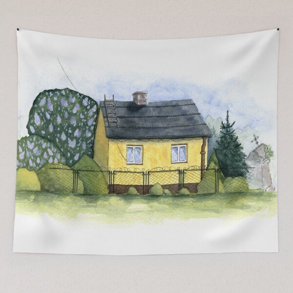 Item preview, Old Yellow Country Cottage with a Wayside Shrine designed and sold by AlicjaCurioseur.