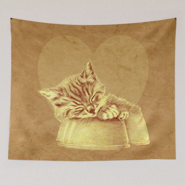 Item preview, Kitten asleep in bowl, on heart background - brown marbled version designed and sold by SylvieG18.