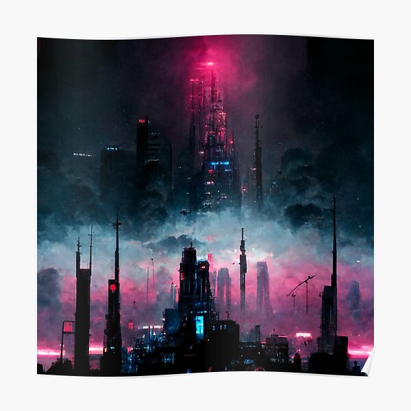 Blick auf die Wolkenkratzer der futuristischen Stadt bei Nacht (Neo Noir Blade Runner Theme Cityscape Vaporwave Poster) Poster