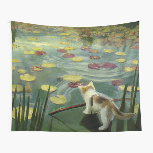 Kitten fishing by pond Monet Style Tapestry