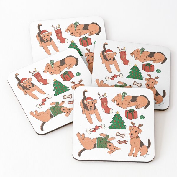 Item preview, Cute Airedale Terriers Christmas Print - Airedale Cartoons - Cuddly Terriers - White designed and sold by EcoElsa.