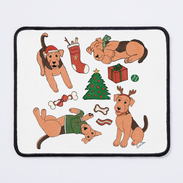 Item preview, Cute Airedale Terriers Christmas Print - Airedale Cartoons - Cuddly Terriers - White designed and sold by EcoElsa.