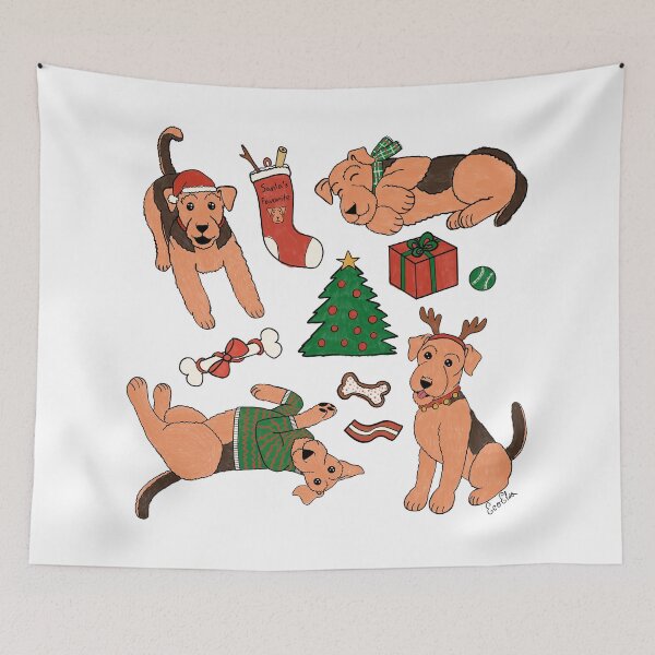 Item preview, Cute Airedale Terriers Christmas Print - Airedale Cartoons - Cuddly Terriers - White designed and sold by EcoElsa.