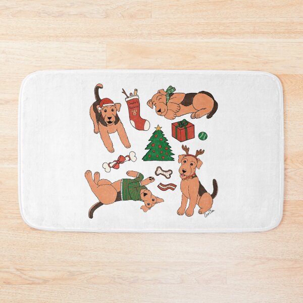 Item preview, Cute Airedale Terriers Christmas Print - Airedale Cartoons - Cuddly Terriers - White designed and sold by EcoElsa.