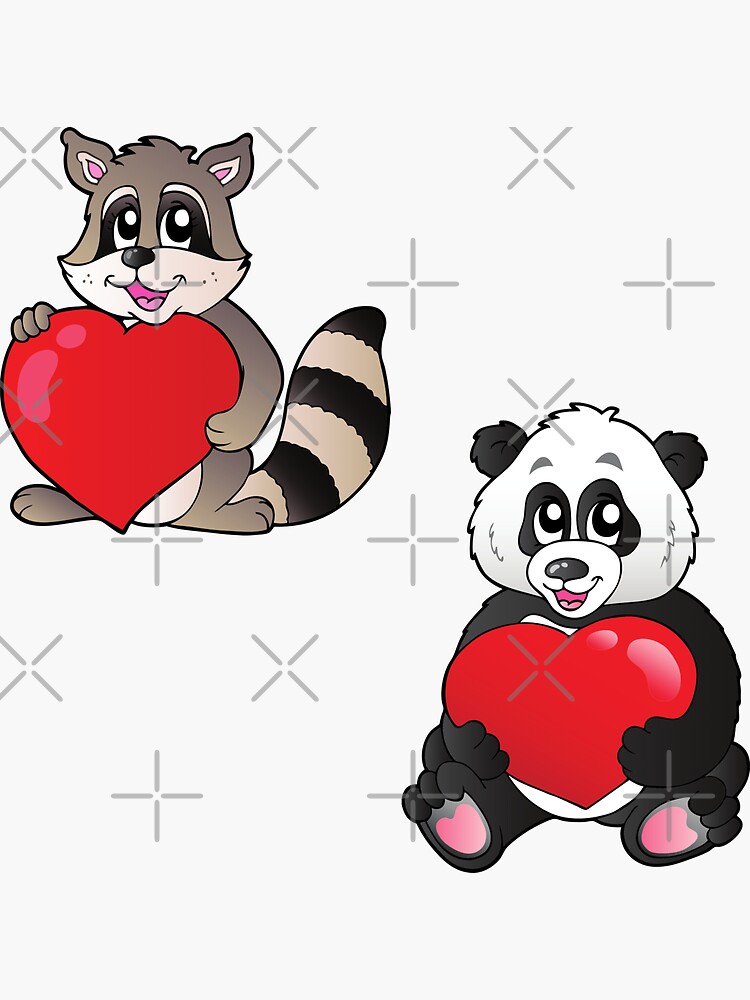 Pegatina «Mapache y oso panda con un gran corazón, un corazón para los ...