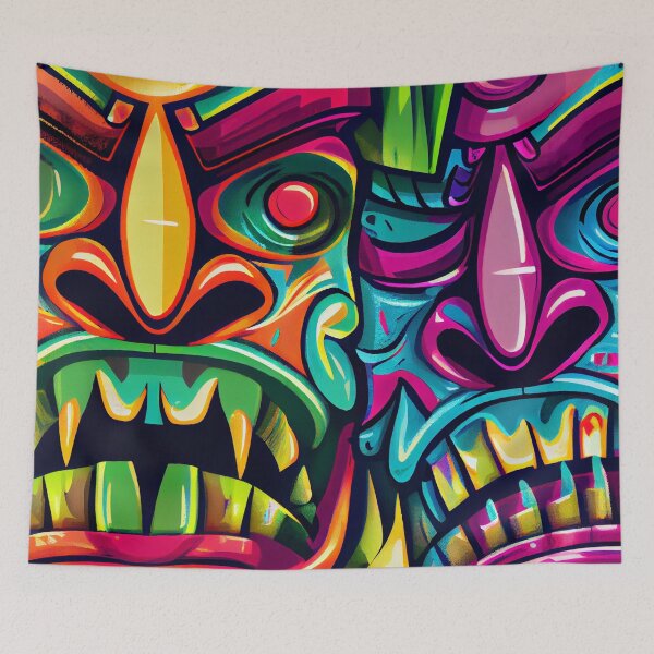 Aperçu de l'œuvre Psychedelic Vibrant Colorful Vampire Tikis Digital Painting créée et vendue par CodeAndColors.