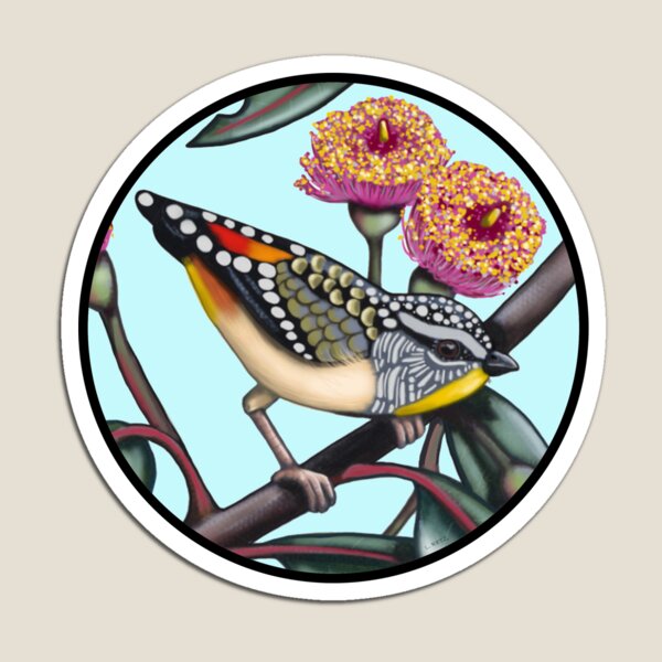 Pardalote in Gum Flowers Round by Australian artist Laural Retz Magnet