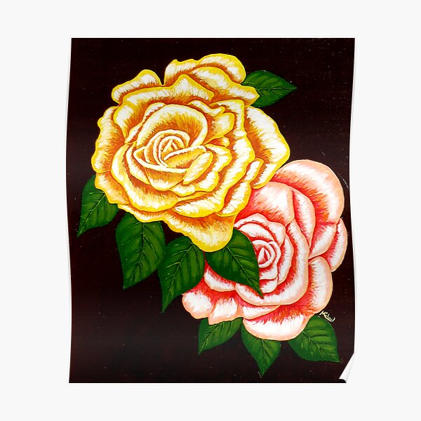 "Two Roses" original signed acrylic painting on canvas Poster