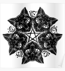 Black cat head portrait madnala, moon, pentagram. Poster