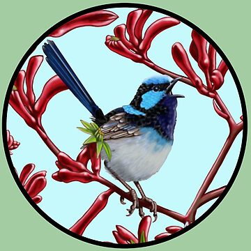 Artwork thumbnail, Blue Wren in Kangaroo Paw Flowers Round by Australian artist Laural Retz by Laural Retz