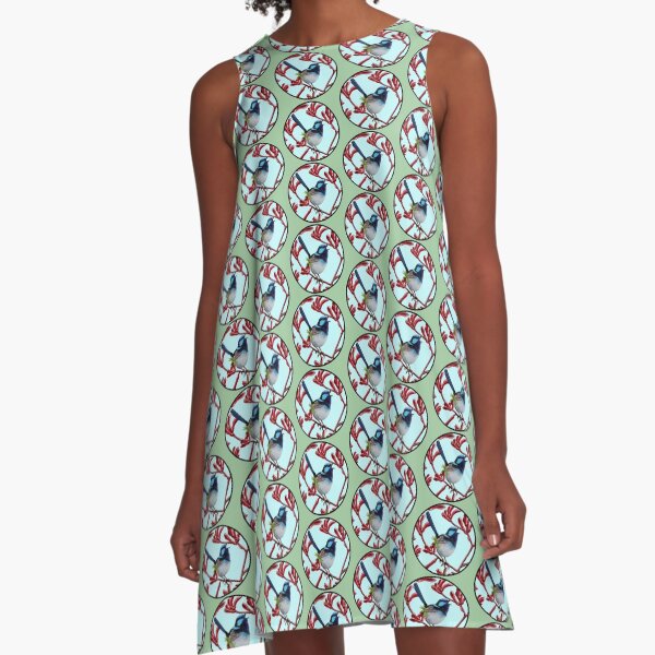 Blue Wren in Kangaroo Paw Flowers Round by Australian artist Laural Retz A-Line Dress