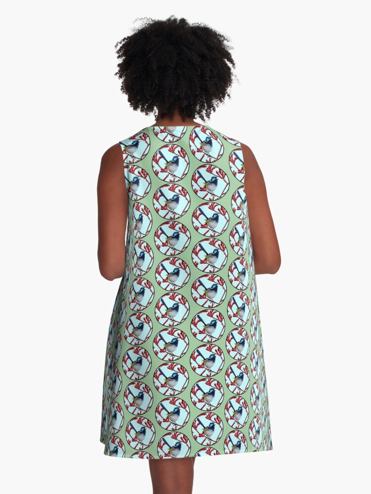 Thumbnail 3 of 4, A-Line Dress, Blue Wren in Kangaroo Paw Flowers Round by Australian artist Laural Retz designed and sold by lauralretz.