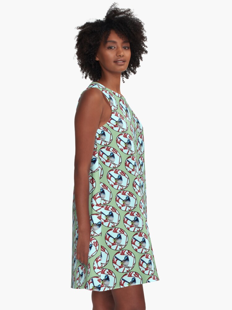 Thumbnail 2 of 4, A-Line Dress, Blue Wren in Kangaroo Paw Flowers Round by Australian artist Laural Retz designed and sold by lauralretz.