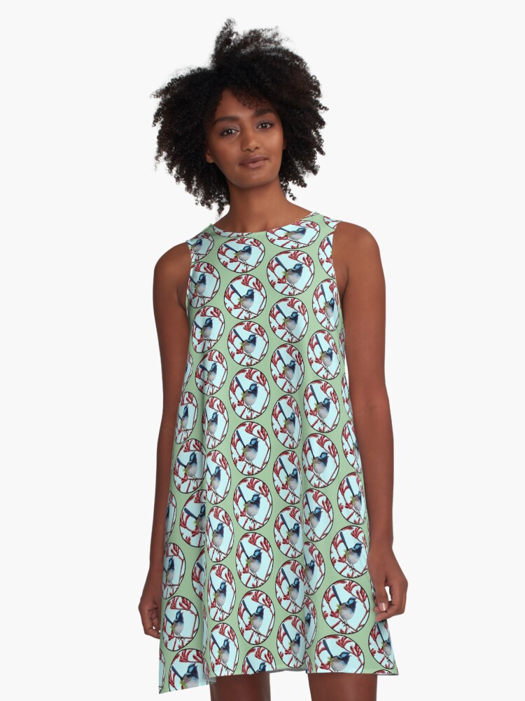 Thumbnail 1 of 4, A-Line Dress, Blue Wren in Kangaroo Paw Flowers Round by Australian artist Laural Retz designed and sold by lauralretz.