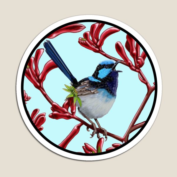 Blue Wren in Kangaroo Paw Flowers Round by Australian artist Laural Retz Magnet