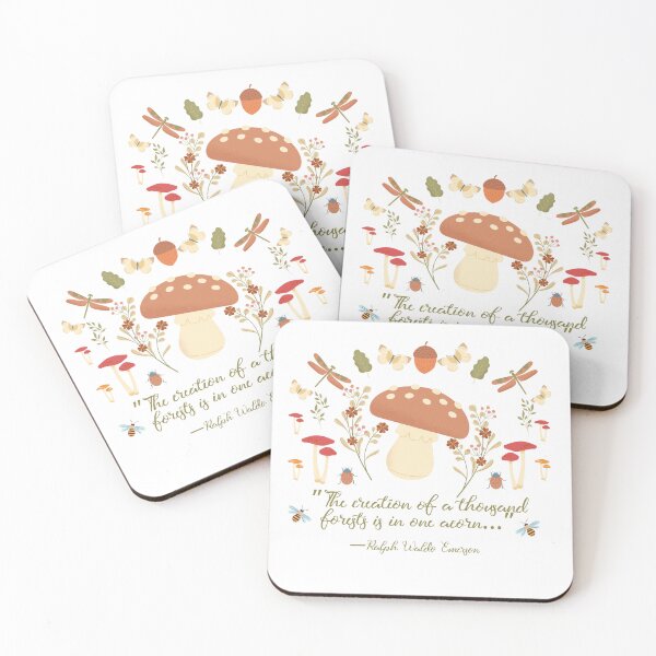 Item preview, Mushroom flowers and Nature Art with Ralph Waldo Emerson Acorn Quote designed and sold by Dollfacedesign.