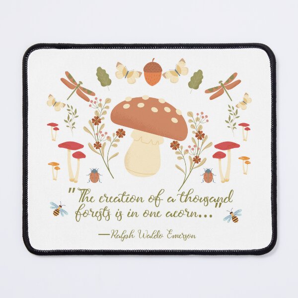 Item preview, Mushroom flowers and Nature Art with Ralph Waldo Emerson Acorn Quote designed and sold by Dollfacedesign.