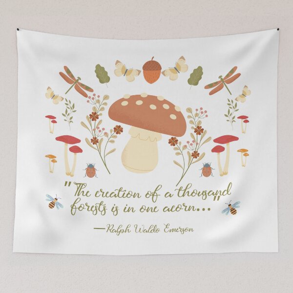 Item preview, Mushroom flowers and Nature Art with Ralph Waldo Emerson Acorn Quote designed and sold by Dollfacedesign.