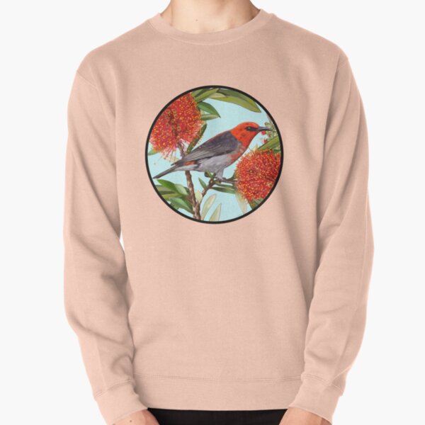 Scarlet Honeyeater in Callistemon Round by Australian artist Laural Retz Pullover Sweatshirt