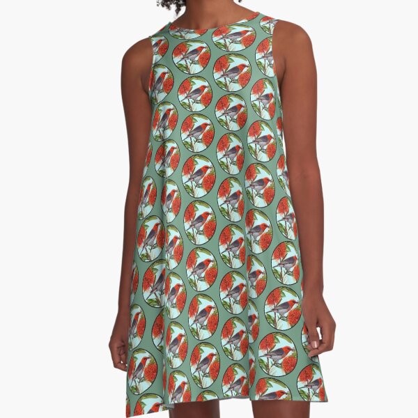 Scarlet Honeyeater in Callistemon Round by Australian artist Laural Retz A-Line Dress