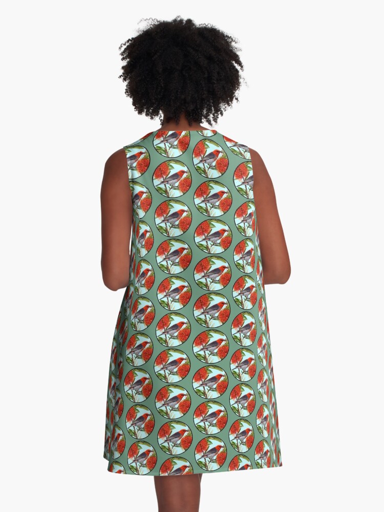 Thumbnail 3 of 4, A-Line Dress, Scarlet Honeyeater in Callistemon Round by Australian artist Laural Retz designed and sold by lauralretz.