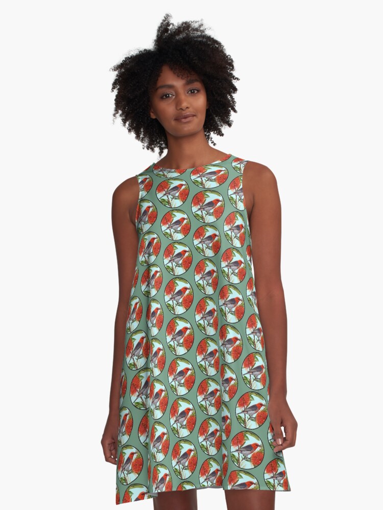Thumbnail 1 of 4, A-Line Dress, Scarlet Honeyeater in Callistemon Round by Australian artist Laural Retz designed and sold by lauralretz.