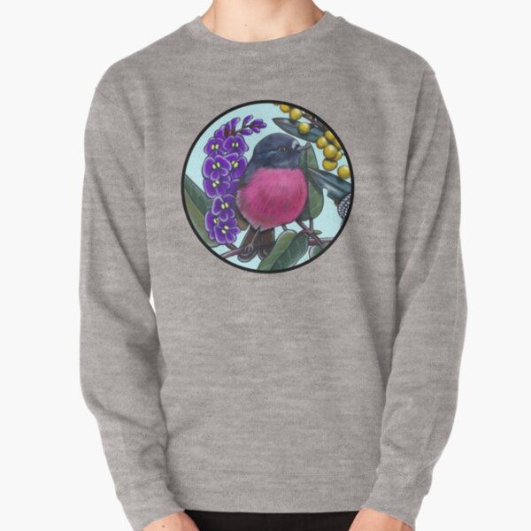 Pink Robin in Wattle Flowers Round by Australian Artist Laural Retz Pullover Sweatshirt