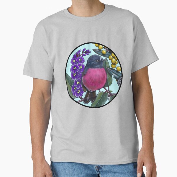 Pink Robin in Wattle Flowers Round by Australian Artist Laural Retz Classic T-Shirt