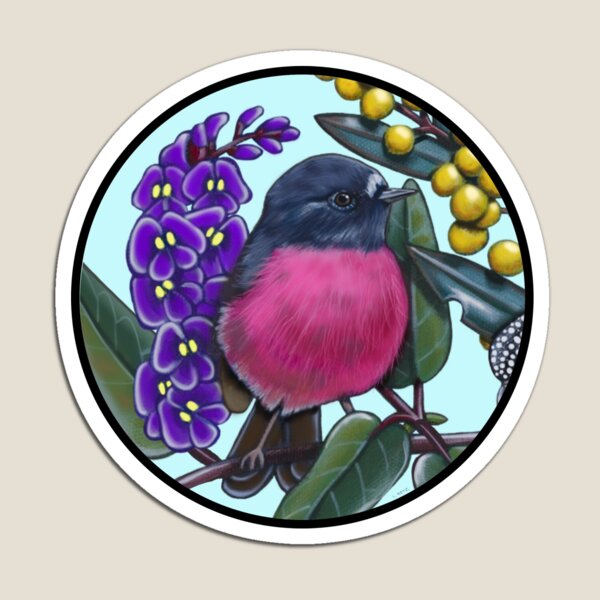 Pink Robin in Wattle Flowers Round by Australian Artist Laural Retz Magnet