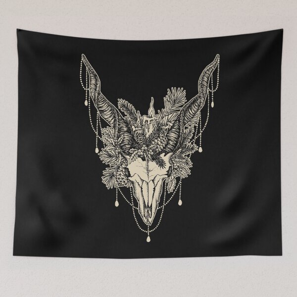 Item preview, Occult pagan Yule Gat skull illustration w/ pine, holly, and candles designed and sold by RedFinchDesigns.