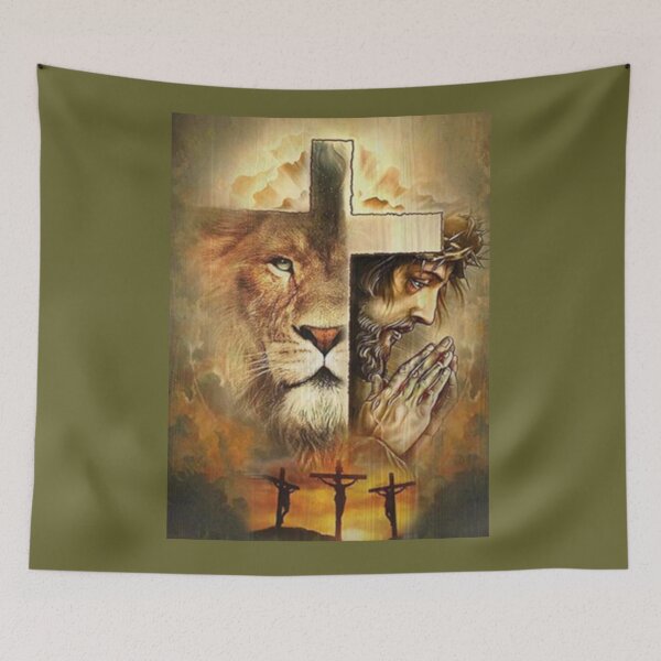 Item preview, Jesus and the Lion Religion Three Crosses designed and sold by Rowena Jones.
