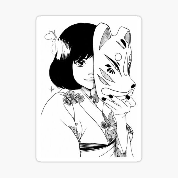 japanese girl with kitsune mask Sticker