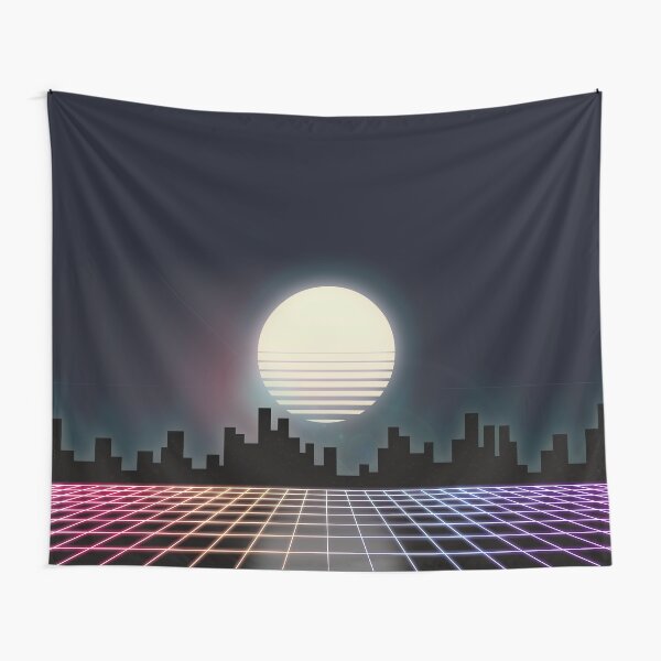 80s Retro Grid & Full Moon - "Rainbow Road" Tapestry