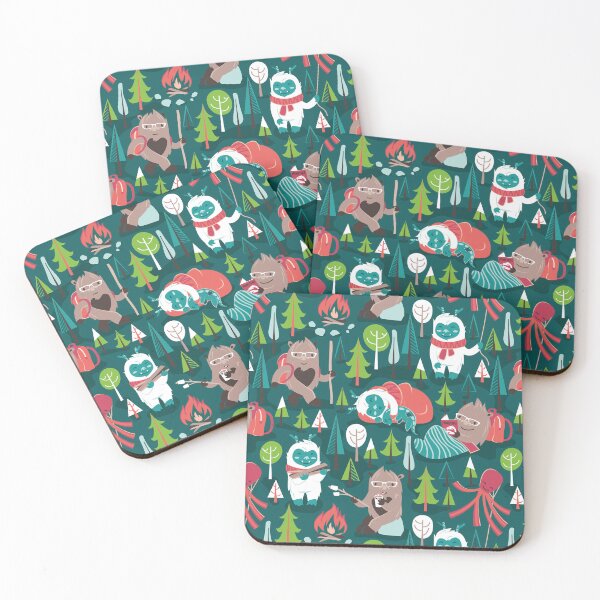 Item preview, Besties // green background white Yeti brown Bigfoot aqua yellow green and teal pine trees red and coral details designed and sold by SelmaCardoso.