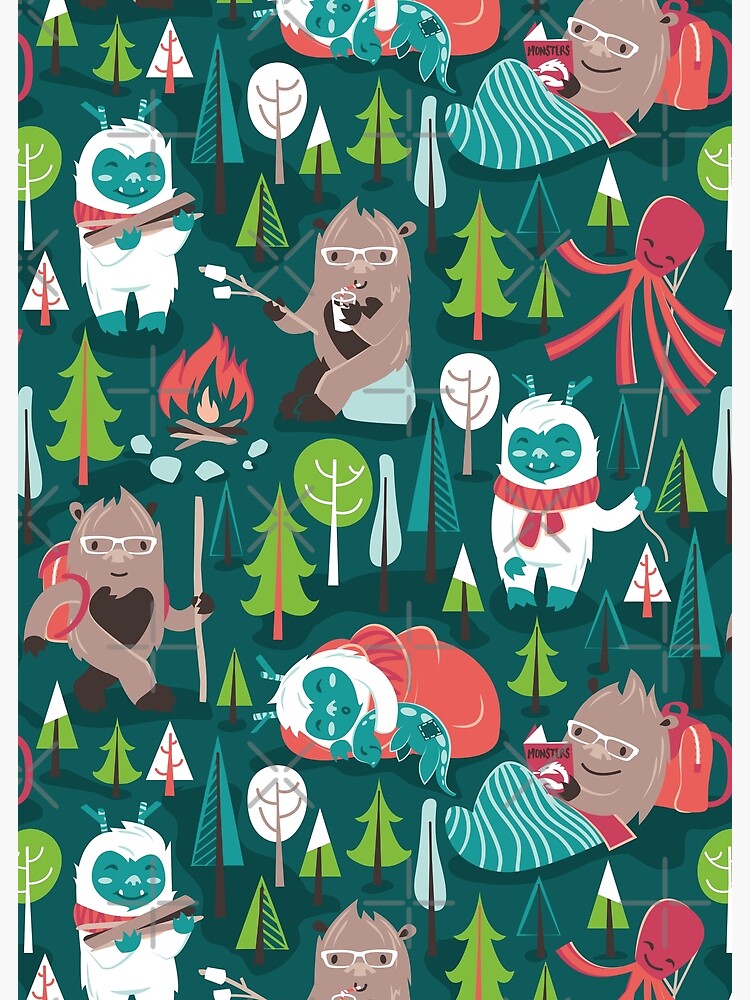 Besties // blue background white Yeti brown Bigfoot blue pine trees red and  coral details Water Bottle by Selma Cardoso