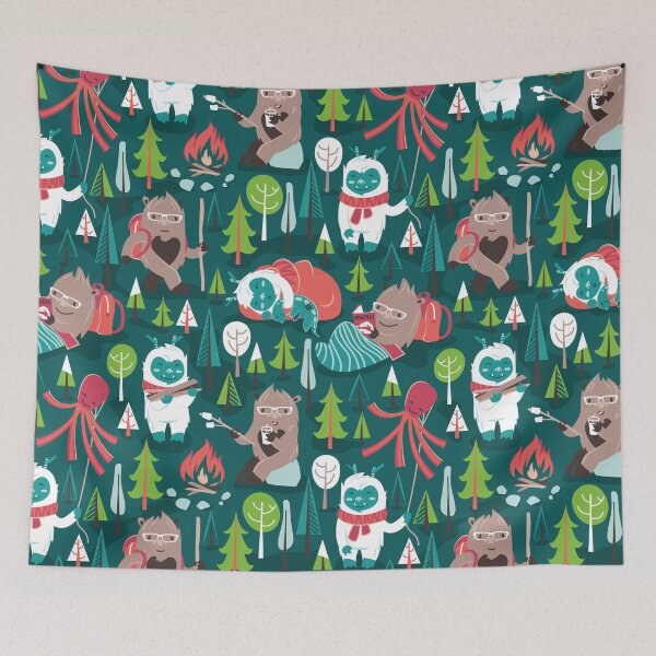 Item preview, Besties // green background white Yeti brown Bigfoot aqua yellow green and teal pine trees red and coral details designed and sold by SelmaCardoso.