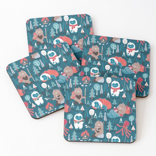 Item preview, Besties // blue background white Yeti brown Bigfoot blue pine trees red and coral details designed and sold by SelmaCardoso.
