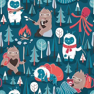 Besties // blue background white Yeti brown Bigfoot blue pine trees red and  coral details Water Bottle by Selma Cardoso