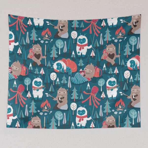 Item preview, Besties // blue background white Yeti brown Bigfoot blue pine trees red and coral details designed and sold by SelmaCardoso.