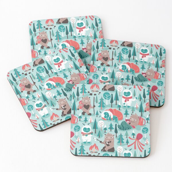 Item preview, Besties // aqua background white Yeti brown Bigfoot green and teal pine trees red and coral details designed and sold by SelmaCardoso.