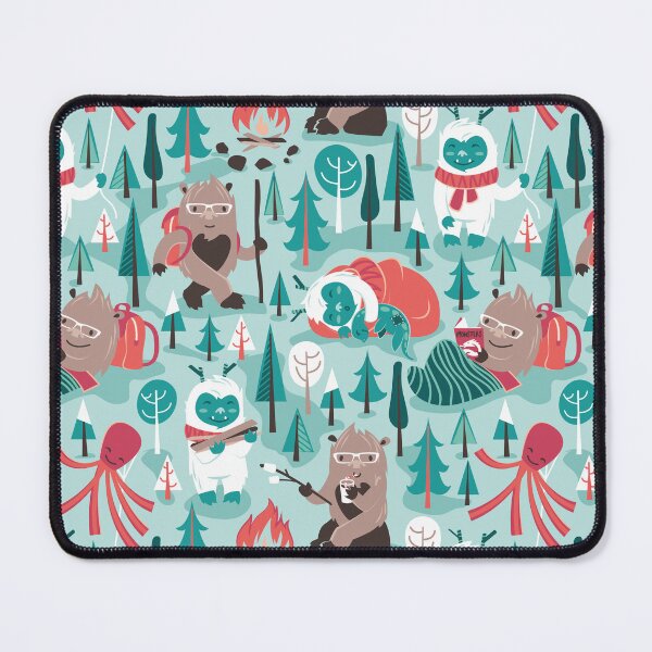 Item preview, Besties // aqua background white Yeti brown Bigfoot green and teal pine trees red and coral details designed and sold by SelmaCardoso.