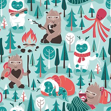 Besties // blue background white Yeti brown Bigfoot blue pine trees red and  coral details Water Bottle by Selma Cardoso