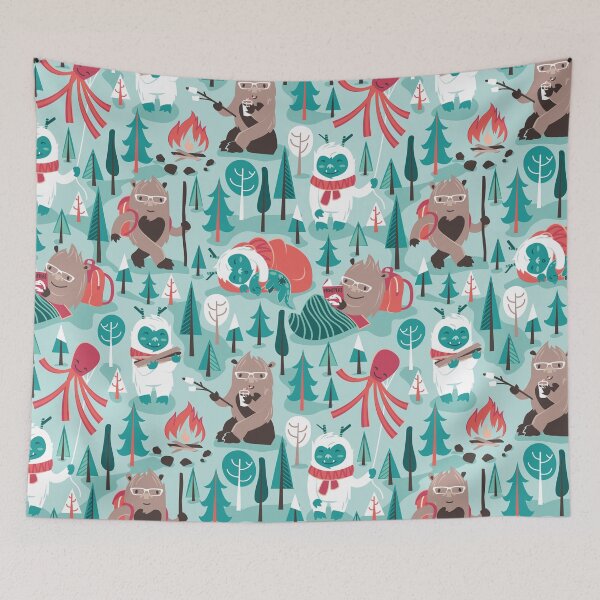 Item preview, Besties // aqua background white Yeti brown Bigfoot green and teal pine trees red and coral details designed and sold by SelmaCardoso.
