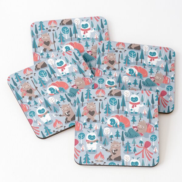 Item preview, Besties // pastel blue background white Yeti brown Bigfoot blue pine trees red and coral details designed and sold by SelmaCardoso.