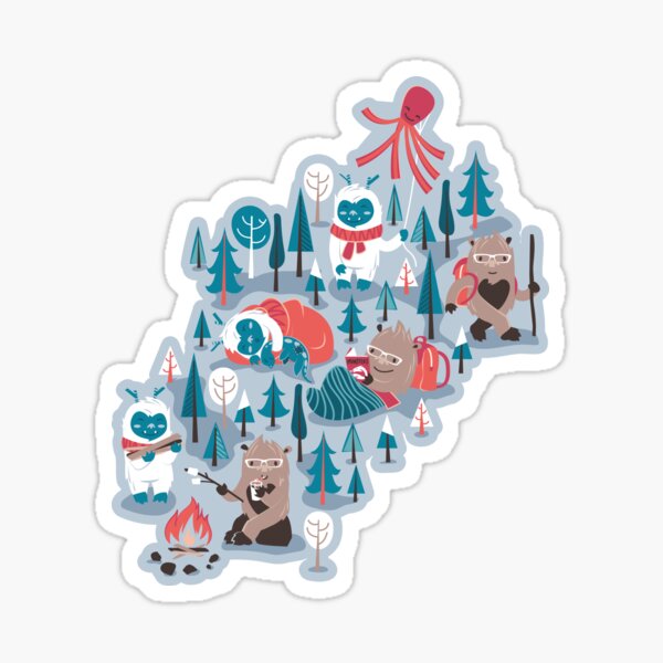 Besties // blue background white Yeti brown Bigfoot blue pine trees red and  coral details Water Bottle by Selma Cardoso