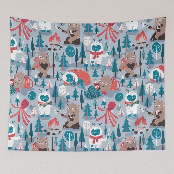Item preview, Besties // pastel blue background white Yeti brown Bigfoot blue pine trees red and coral details designed and sold by SelmaCardoso.