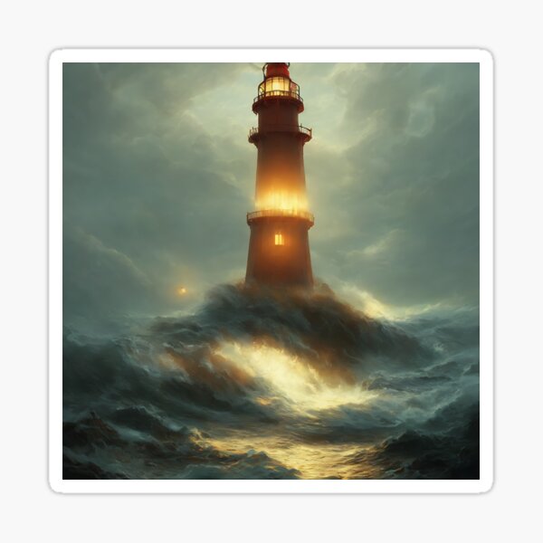 A beautiful painting of a singular lighthouse, shining its light Sticker